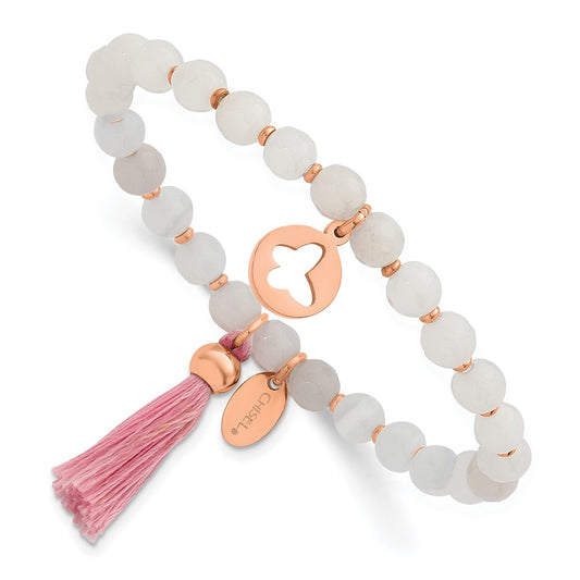 Chisel Stainless Steel Polished Rose IP-plated Butterfly 6mm Pink Agate Beaded Stretch Bracelet with Tassel