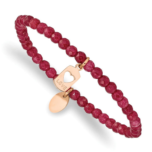 Stainless Steel Polished Rose IP-plated LOVE 4mm Red Jade Beaded Stretch Bracelet