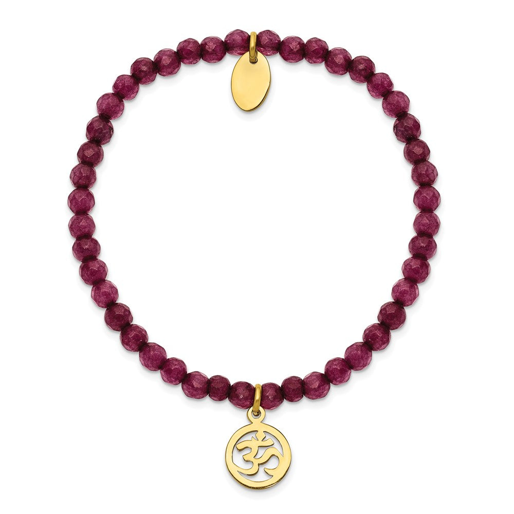 Chisel Stainless Steel Polished Yellow IP-plated OHM 4mm Purple Jade Beaded Stretch Bracelet