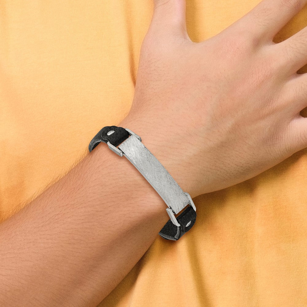 Chisel Stainless Steel Polished Scratch Finished Black Leather Adjustable ID Bracelet