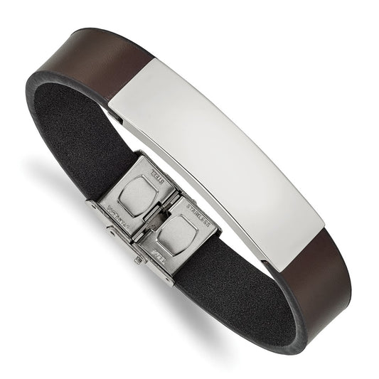 Chisel Stainless Steel Polished Brown Leather 8.25 inch ID Bracelet