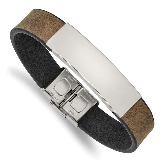 Chisel Stainless Steel Polished Black and Brown Leather 8.25 inch ID Bracelet