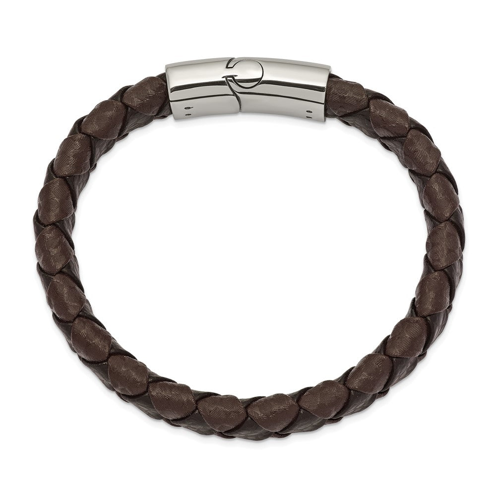 Chisel Stainless Steel Polished Black and Brown Textured Leather 8 inch Bracelet