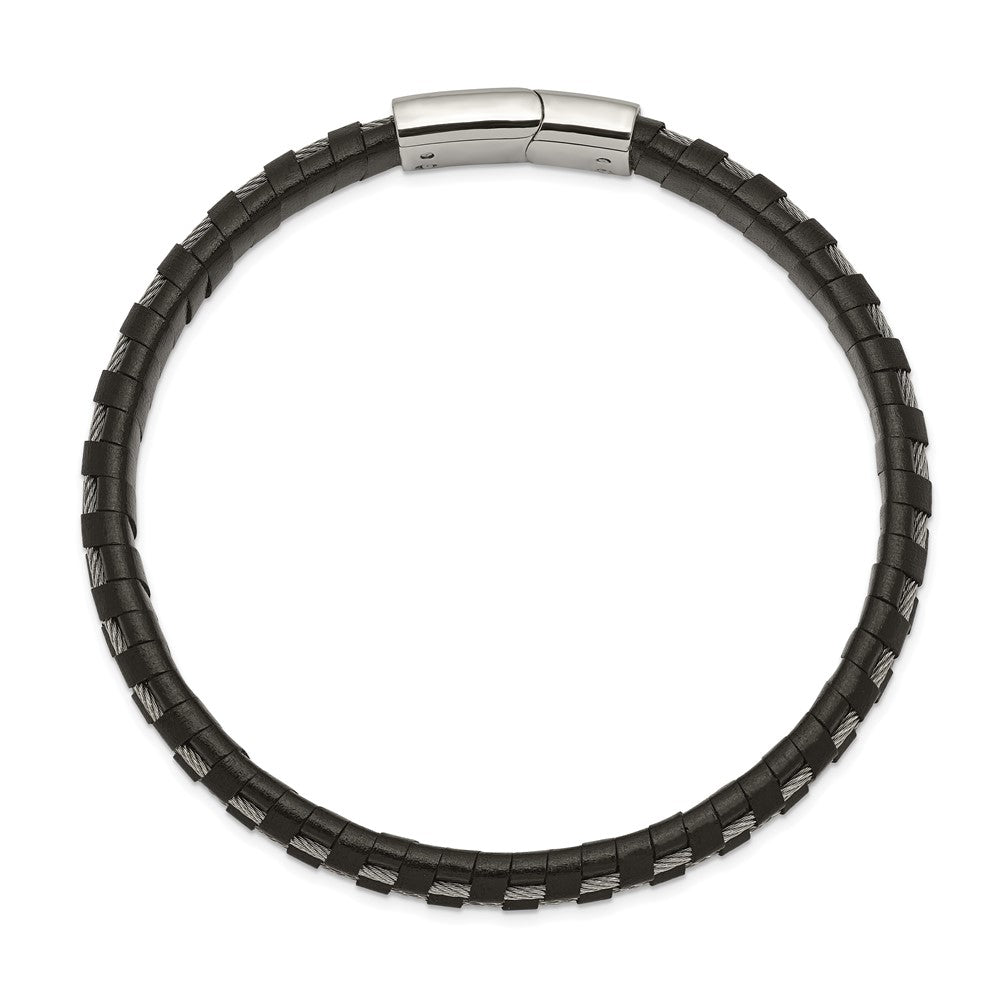 Chisel Stainless Steel Polished Cable and Black Leather 8.75 inch Bracelet