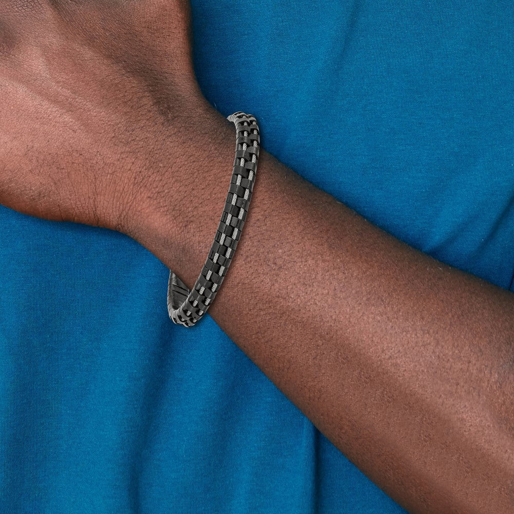Chisel Stainless Steel Polished Cable and Black Leather 8.75 inch Bracelet