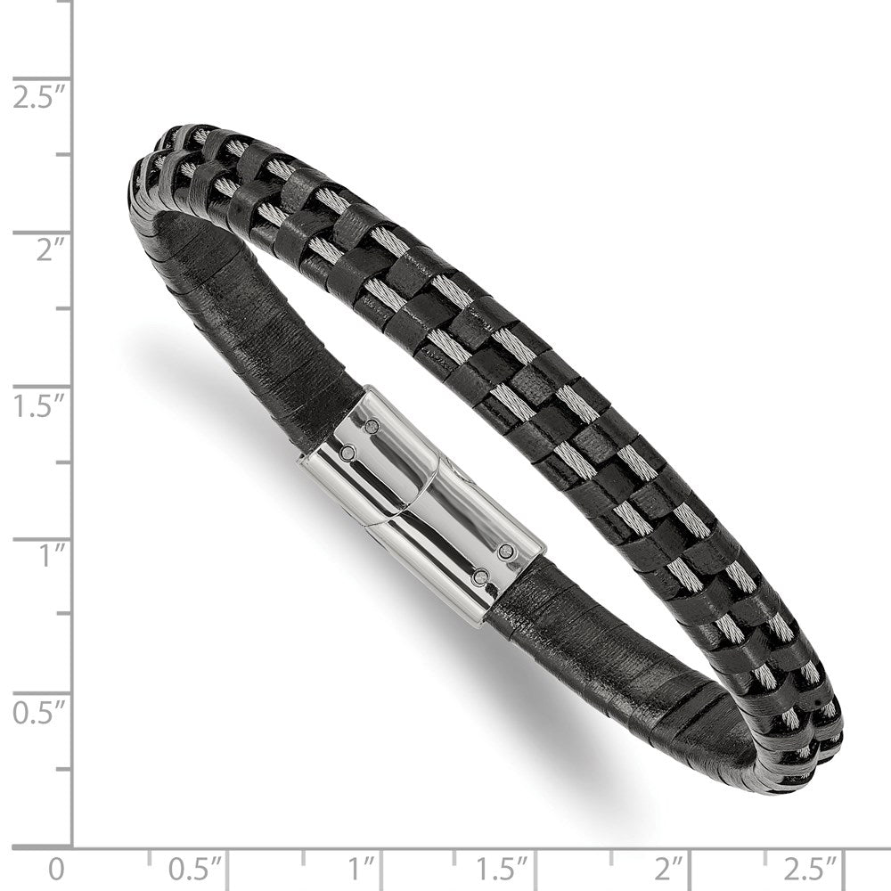 Chisel Stainless Steel Polished Cable and Black Leather 8.75 inch Bracelet