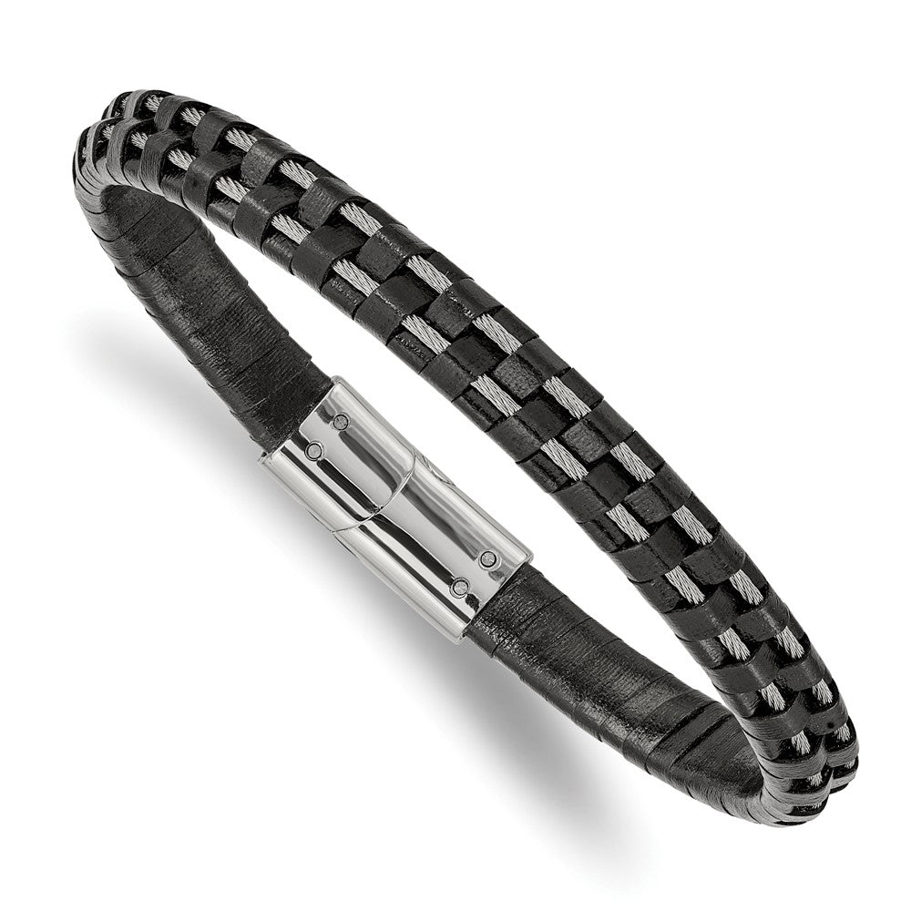 Chisel Stainless Steel Polished Cable and Black Leather 8.75 inch Bracelet