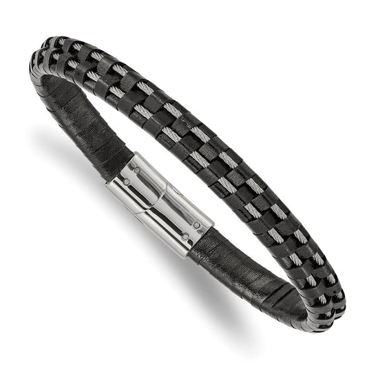 Chisel Stainless Steel Polished Cable and Black Leather 8.75 inch Bracelet