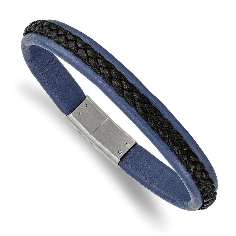 Chisel Stainless Steel Polished Blue and Black Faux Leather 8.25 inch Bracelet