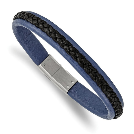 Chisel Stainless Steel Polished Blue and Black Faux Leather 8.25 inch Bracelet