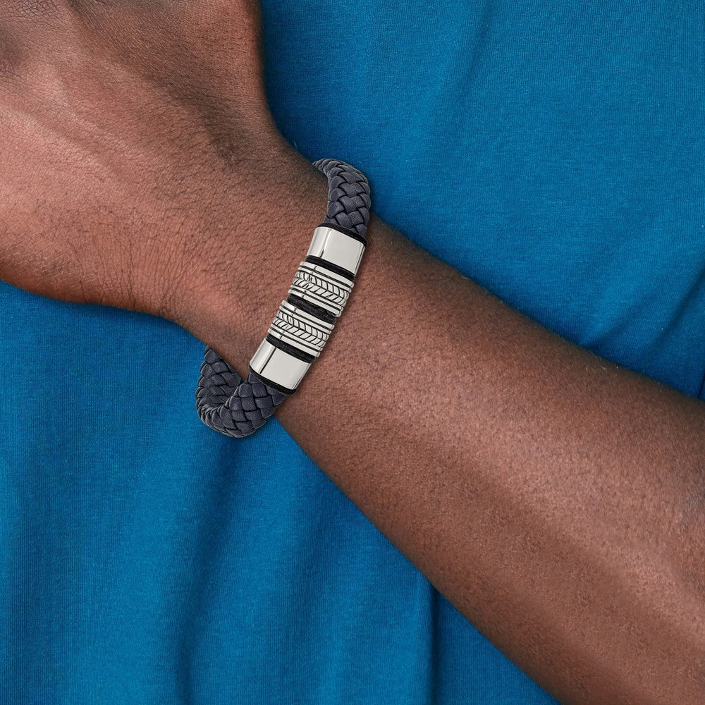 Chisel Stainless Steel Antiqued and Polished Braided Blue Leather with Black Silicone 8.25 inch Bracelet