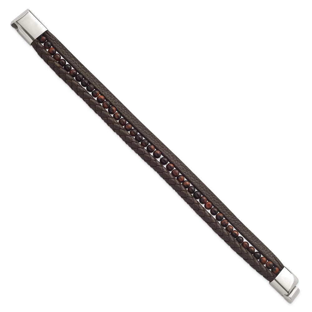 Chisel Stainless Steel Polished Multi Strand Tiger's Eye Beaded Brown Leather 8.25 inch Bracelet