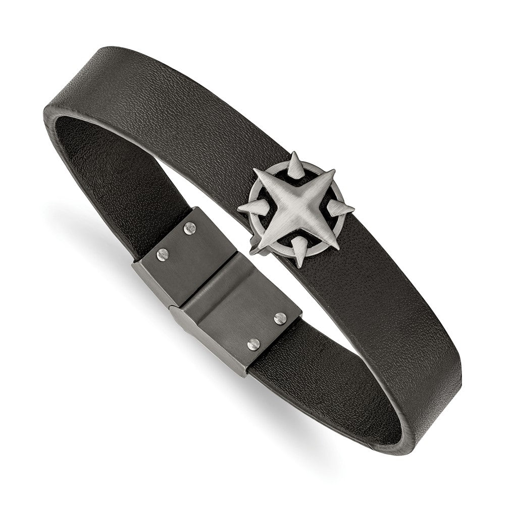Chisel Stainless Steel Brushed Antiqued White Bronze-plated Compass Black Leather 8.25 inch Bracelet