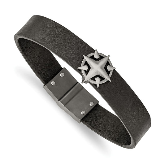 Chisel Stainless Steel Brushed Antiqued White Bronze-plated Compass Black Leather 8.25 inch Bracelet