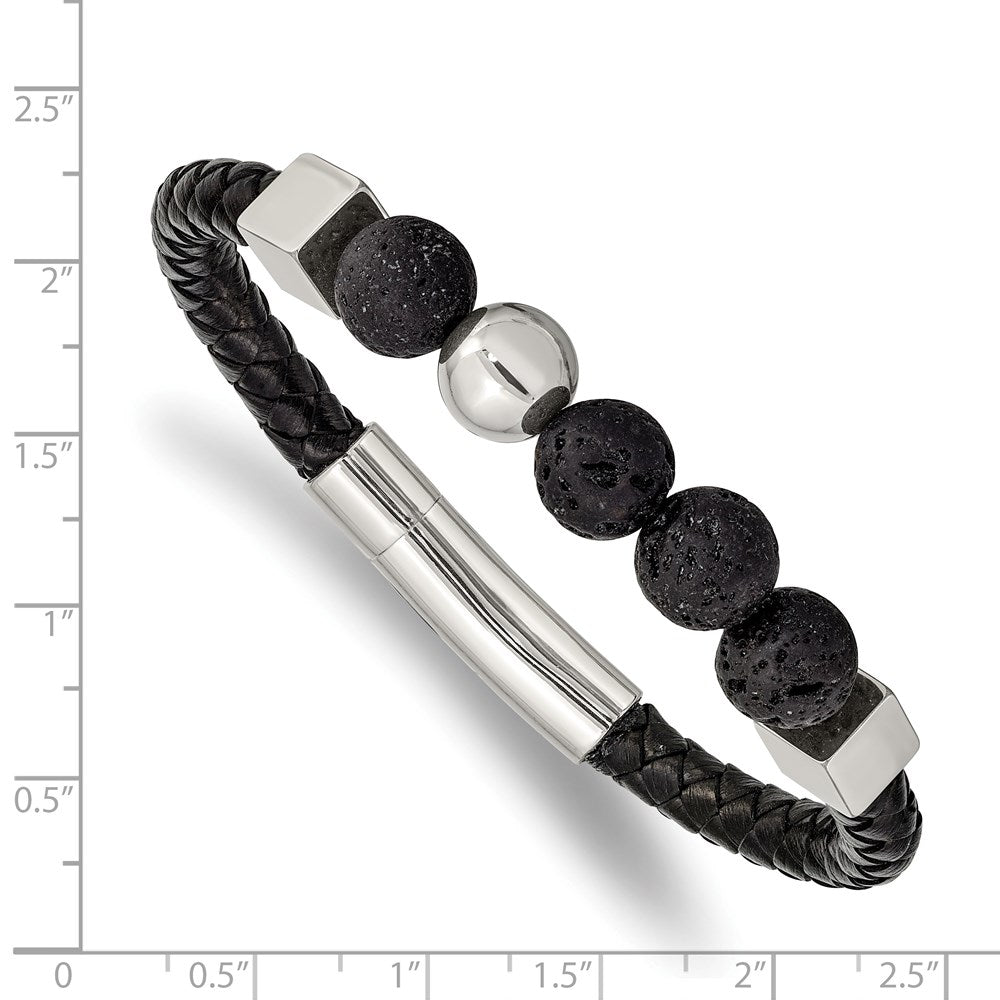 Chisel Stainless Steel Polished with Lava Stone Beads Black Leather 8 inch Bracelet