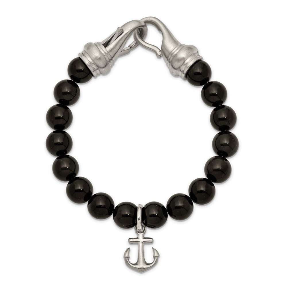 Chisel Stainless Steel Brushed Anchor Black Agate Beaded 8 inch Bracelet