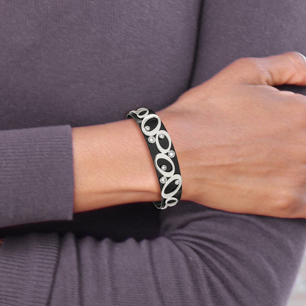 Chisel Stainless Steel Polished Black IP-plated with Crystals Cuff Bangle