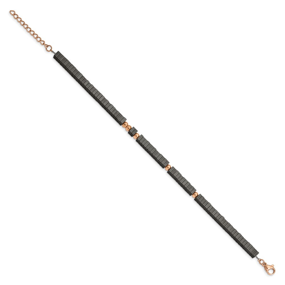 Chisel Stainless Steel Polished Rose IP-plated with Square Hematite Beads 7 inch Bracelet with 1.25 inch Extension