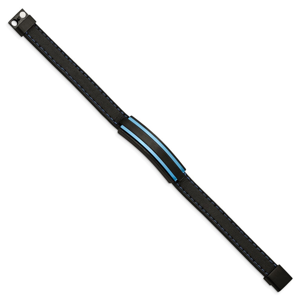 Chisel Stainless Steel Brushed and Polished Black and Blue IP-plated Black Rubber 8.5 inch Bracelet