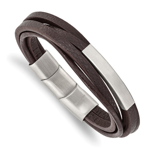 Chisel Stainless Steel Brushed Multi Strand Brown PU Leather 8 inch ID Bracelet with .5 inch Extension