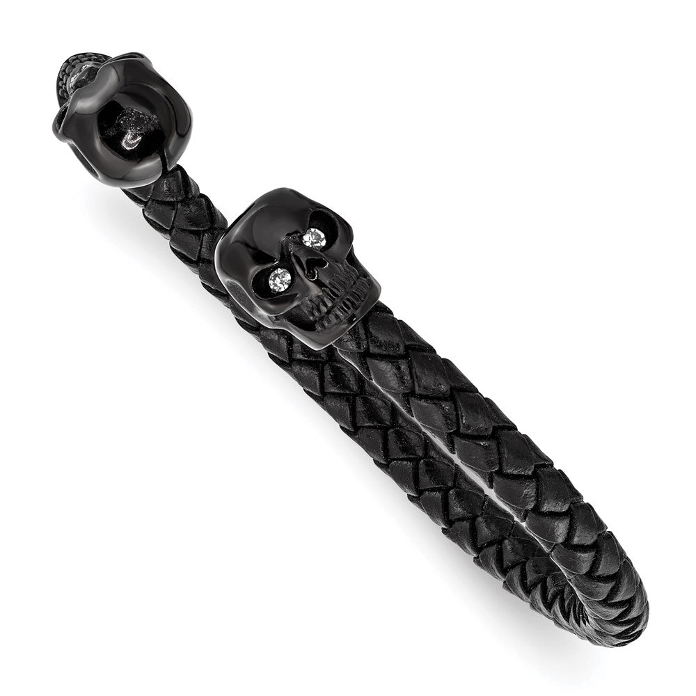 Chisel Stainless Steel Polished Black IP-plated Skulls with Crystal Eyes Black Braided Leather Cuff Bangle