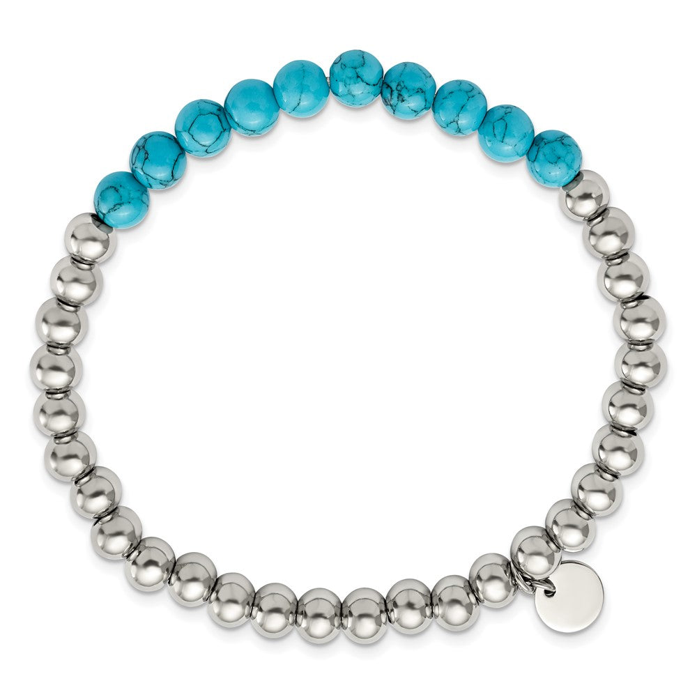 Chisel Stainless Steel Polished 6mm Synthetic Turquoise Beaded Stretch Bracelet