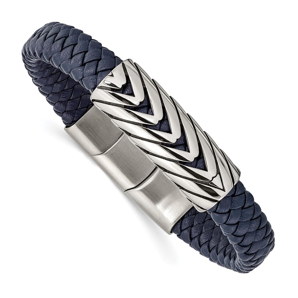 Chisel Stainless Steel Antiqued and Polished Braided Blue Faux Leather 8 inch + .5in Bracelet