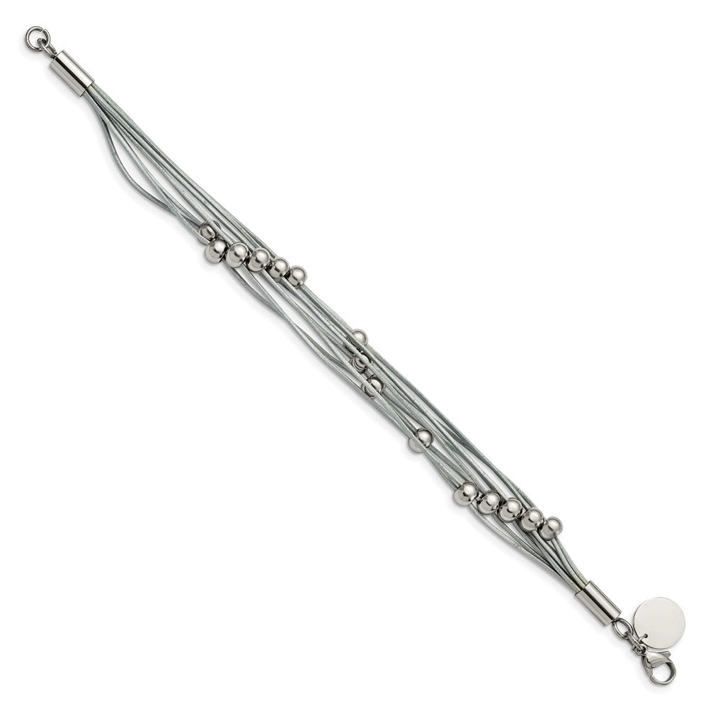 Chisel Stainless Steel Polished Beaded Multi-Strand Grey Leather 8 inch Bracelet
