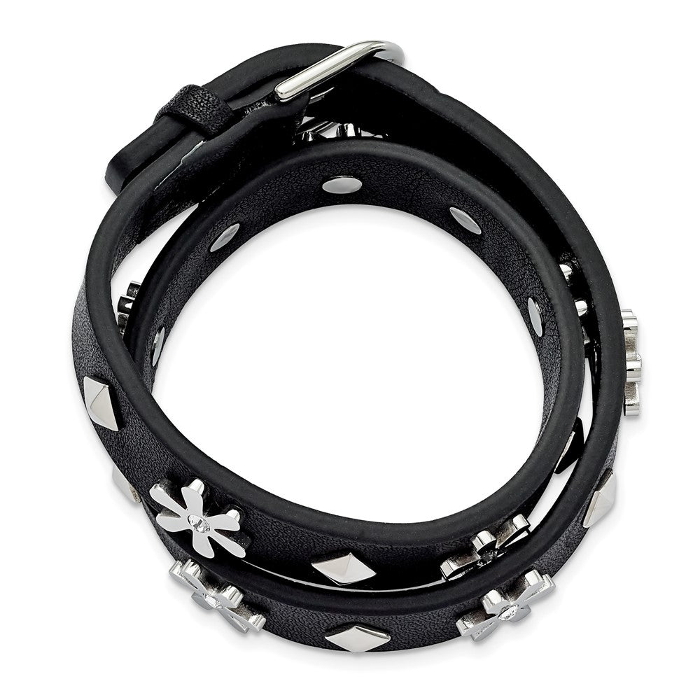Chisel Stainless Steel Polished with Crystal Flower Studded Black Leather Adjustable Bracelet