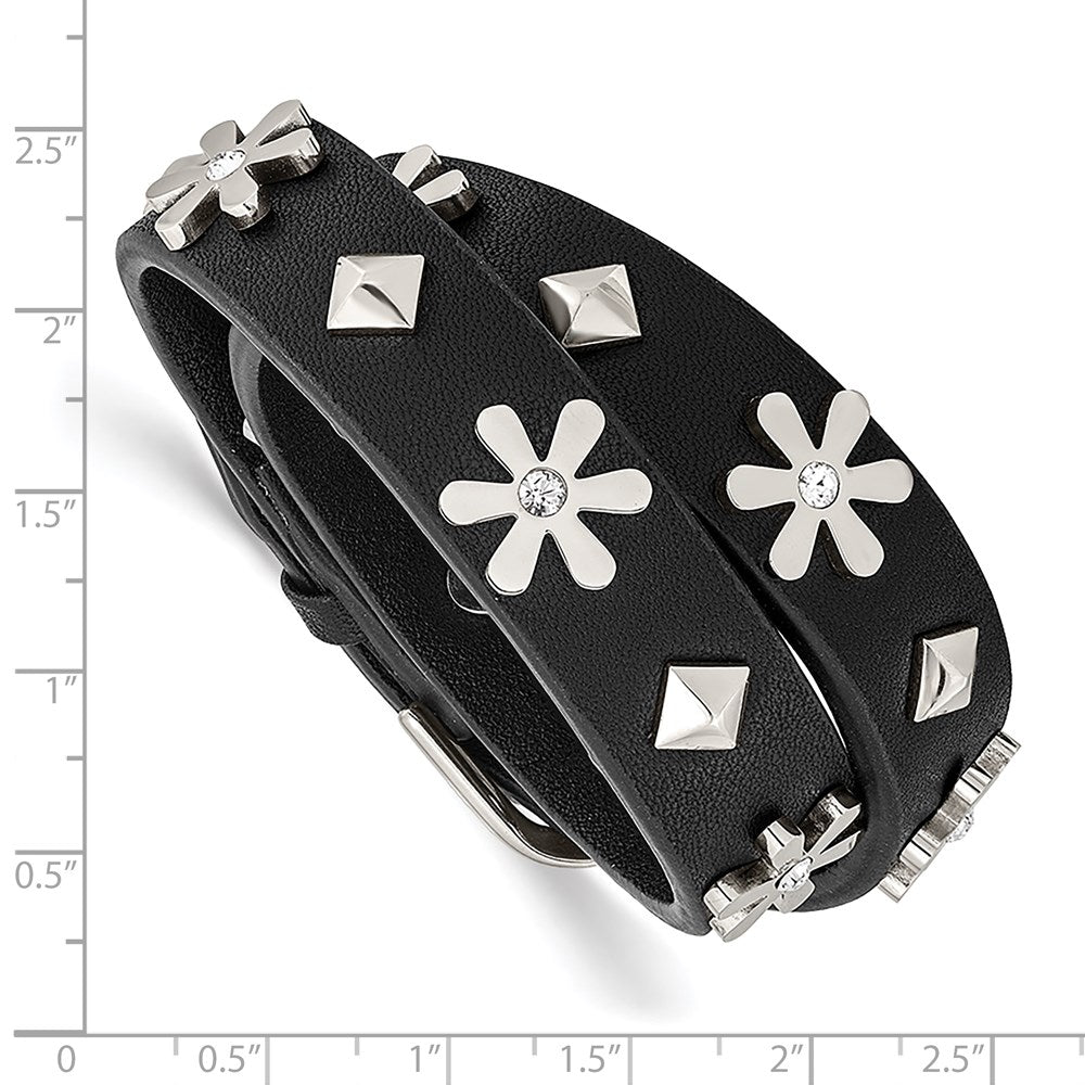 Chisel Stainless Steel Polished with Crystal Flower Studded Black Leather Adjustable Bracelet
