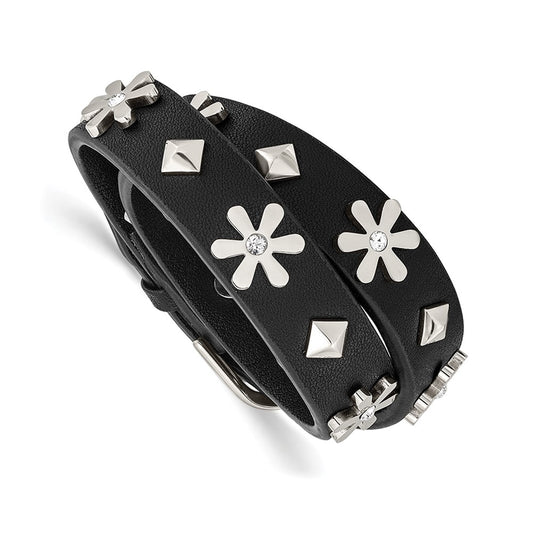Chisel Stainless Steel Polished with Crystal Flower Studded Black Leather Adjustable Bracelet