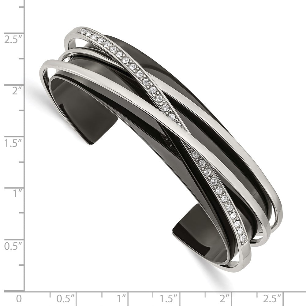 Chisel Stainless Steel Polished Black IP-plated with Crystals Layered Cuff Bangle
