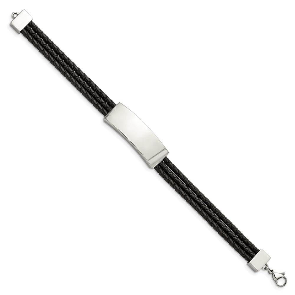 Chisel Stainless Steel Polished Black Woven Leather Multi Strand 8 inch ID Bracelet