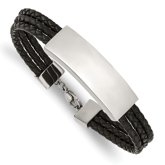 Chisel Stainless Steel Polished Black Woven Leather Multi Strand 8 inch ID Bracelet