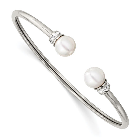 Chisel Stainless Steel Polished woth Preciosa Crystal and Imitation Shell Pearl Flexible Cuff Bangle