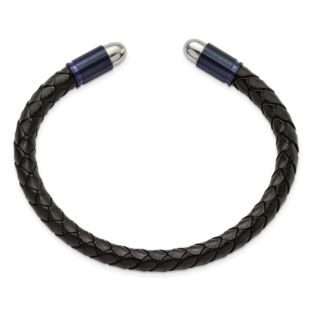 Chisel Stainless Steel Brushed and Polished Dark Grey IP-plated Black Leather Flexible Cuff Bangle