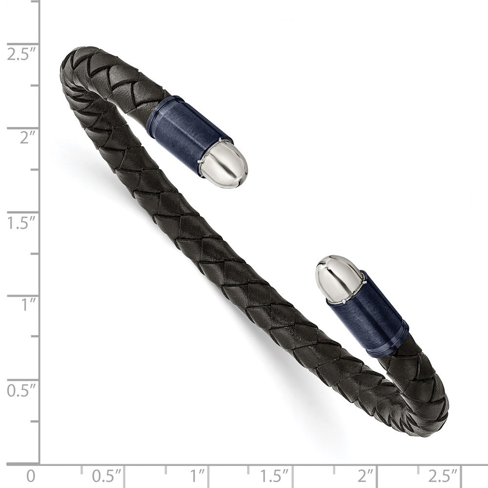 Chisel Stainless Steel Brushed and Polished Dark Grey IP-plated Black Leather Flexible Cuff Bangle