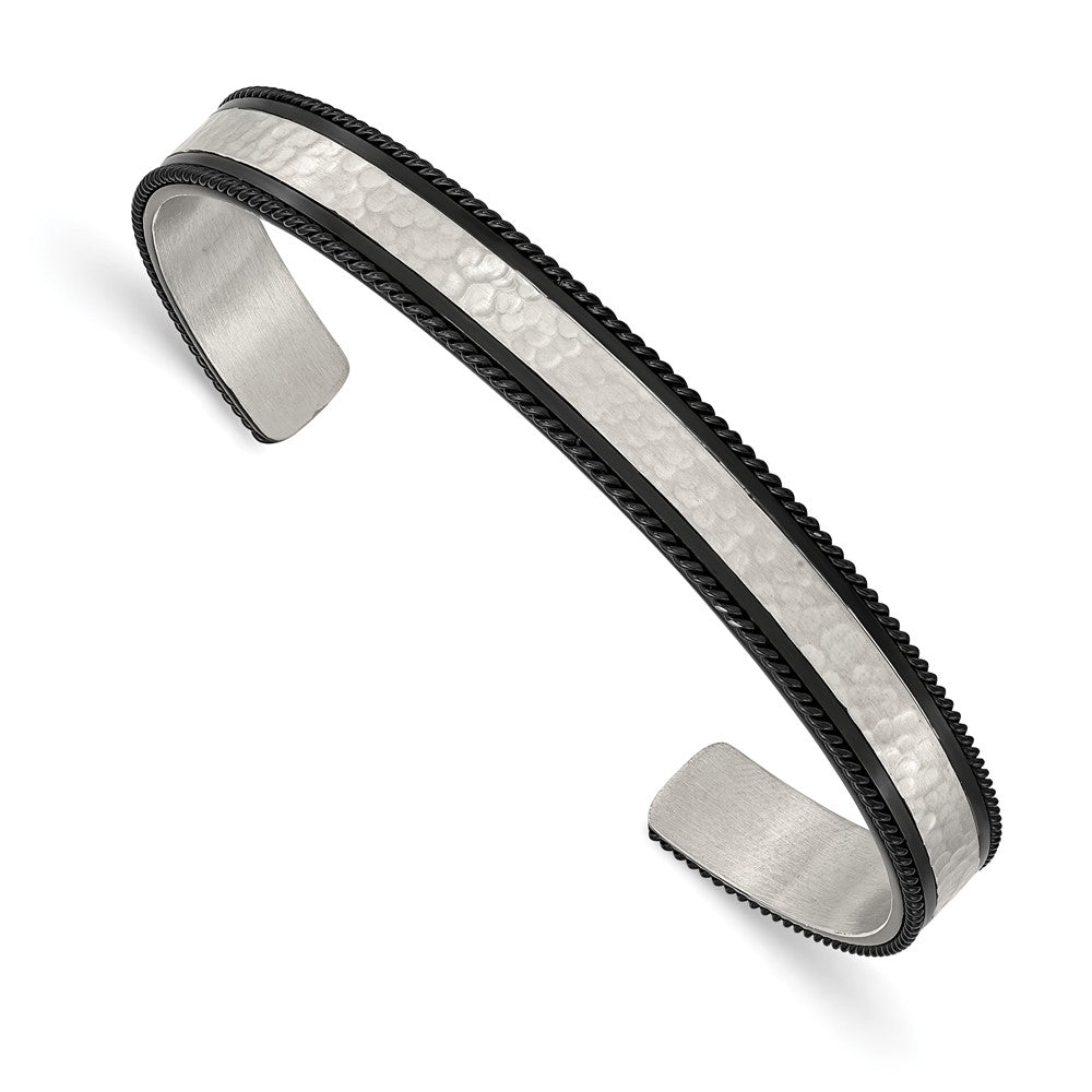 Chisel Stainless Steel Brushed Polished and Hammered Black IP-plated Wire Edge Cuff Bangle