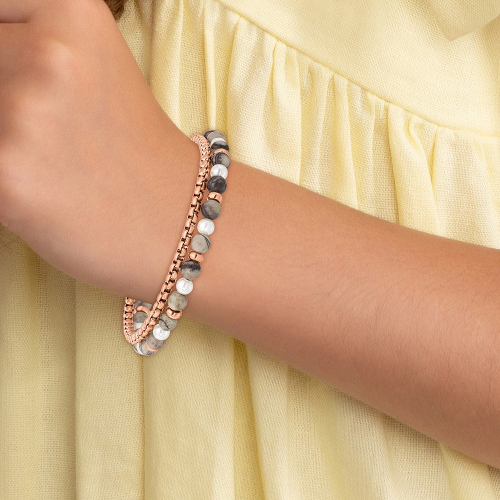Chisel Stainless Steel Polished Rose IP-plated Box Chain and Picasso Jasper Beads 6.5 inch Bracelet with 1 inch Extension
