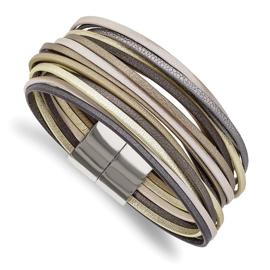 Chisel Stainless Steel Polished Multi-Strand Metallic Faux Leather 7.25 inch Bracelet