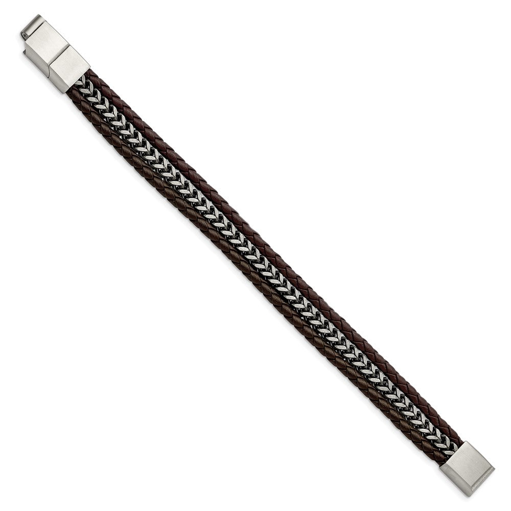 Chisel Stainless Steel Antiqued and Brushed Multi Strand Chain and Brown Leather 8.25 inch Bracelet with .5 inch Extension