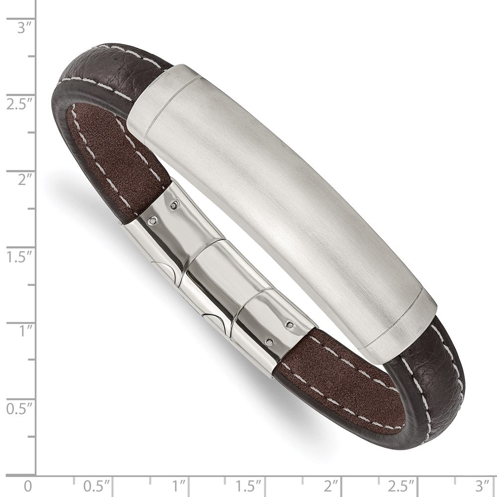 Chisel Stainless Steel Brushed Dark Brown Leather 8 inch ID Bracelet with .5 inch Extension