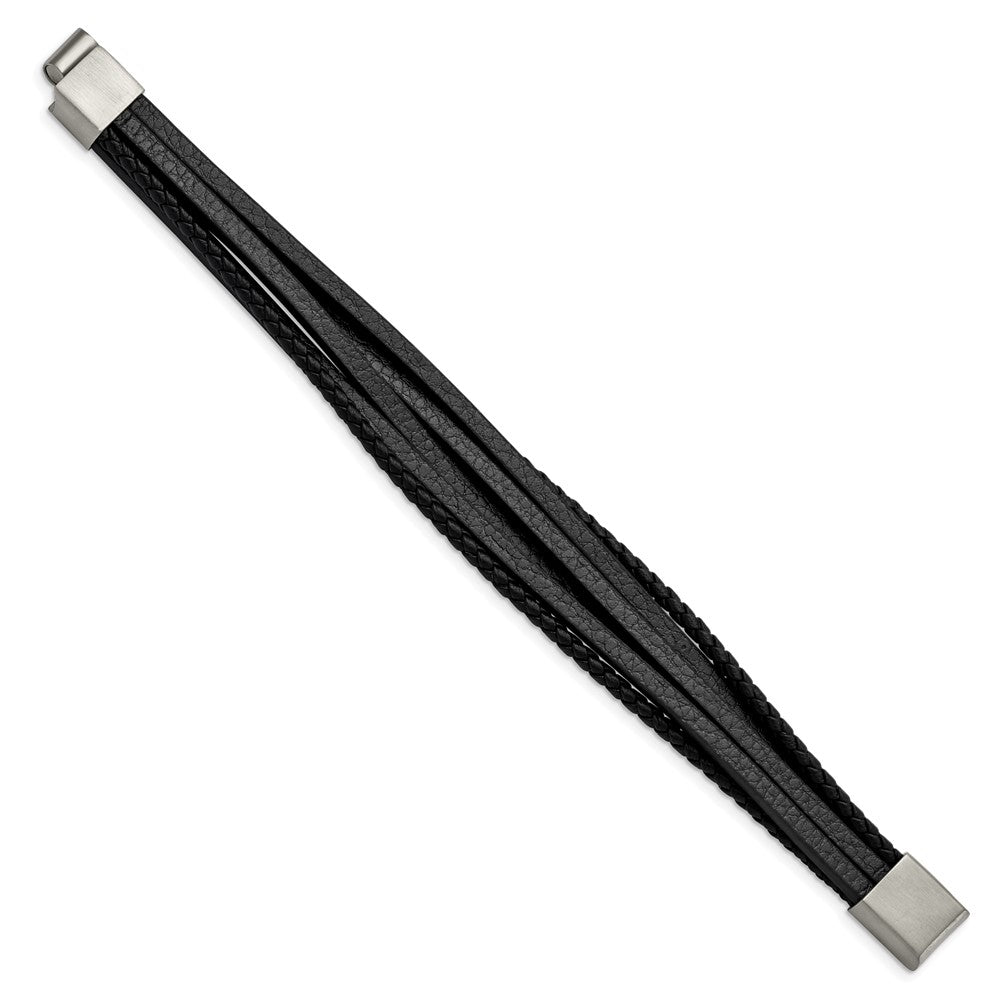 Chisel Stainless Steel Brushed Multi Strand Black Leather 8 inch Bracelet