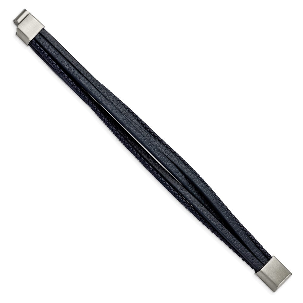 Chisel Stainless Steel Brushed Multi Strand Navy Blue Leather 8 inch Bracelet