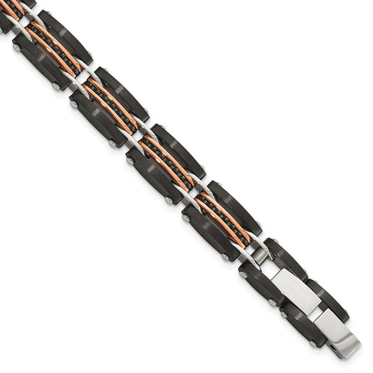 Chisel Stainless Steel Brushed and Polished Black and Rose IP-plated Reversible 7.5 inch Bracelet with .5 inch Extension
