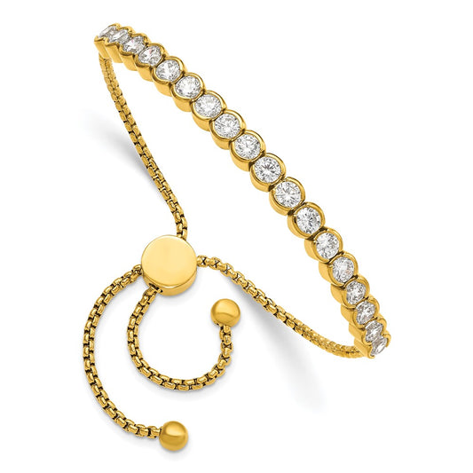 Chisel Stainless Steel Polished Yellow IP-plated with Round CZ Adjustable Bracelet