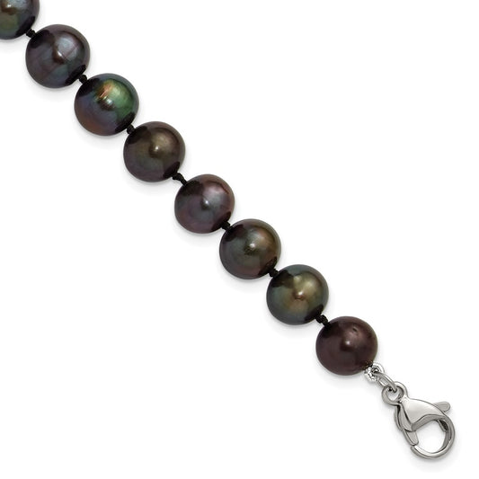 Chisel Stainless Steel Polished 9-10mm Hand Knotted Black Round Freshwater Cultured Pearl 8 inch Bracelet