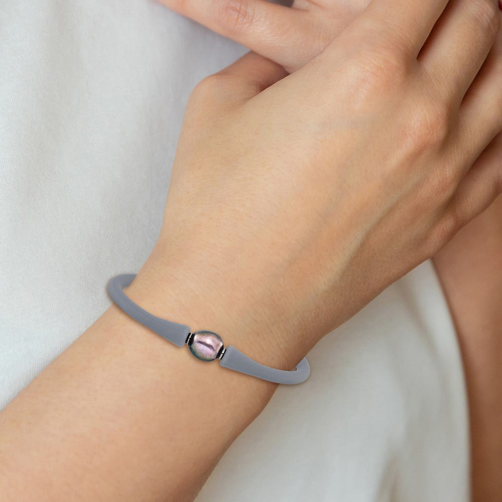 Chisel Stainless Steel Polished 9-10mm Black Baroque Freshwater Cultured Pearl on Grey Silicone 6.75 inch Bracelet