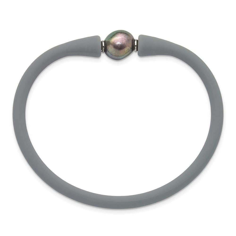 Chisel Stainless Steel Polished 9-10mm Black Baroque Freshwater Cultured Pearl on Grey Silicone 6.75 inch Bracelet