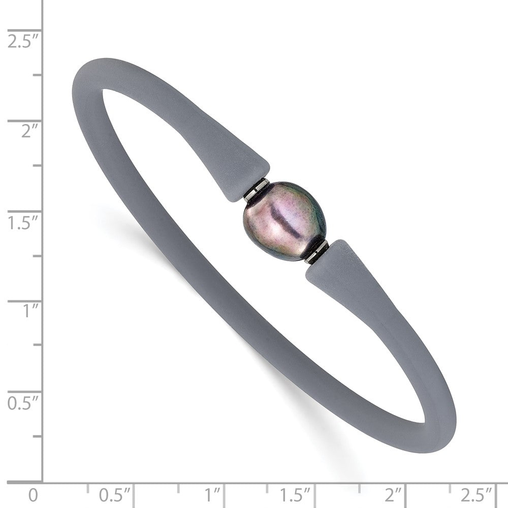 Chisel Stainless Steel Polished 9-10mm Black Baroque Freshwater Cultured Pearl on Grey Silicone 6.75 inch Bracelet